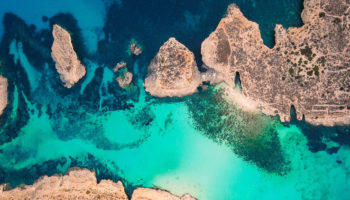 Aerial shot of Blue Lagoon showing sea and land