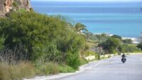 An open road with typical Mediterranean vegetation on the sides, focusing on a view of Ghadira Bay