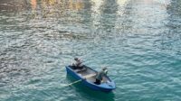 A simple fishing boat in Balluta Bay with two men atop